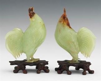 Pair of Chinese Carved Jade Roosters, on Carved Wooden Stands 
