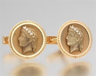Pair of Gold and Diamond Cufflinks, Emperor Octavian August Bust 