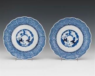 Pair of Japanese Meiji Imari Blue and White Three Friends of Winter Dishes, Reatiled by GUMPs 