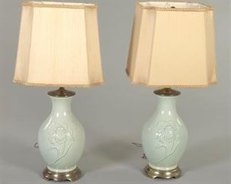 Pair of Vintage Ethan Allen Porcelain Celadon Chinoiserie Lamps with Silk Shades 