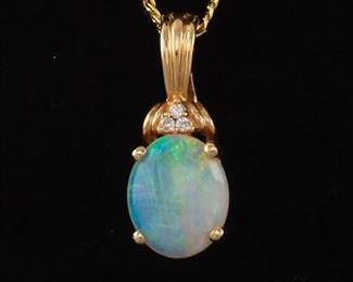 Percy Marks Gold, Australian Opal and Diamond Pendant on Italian Gold Chain 