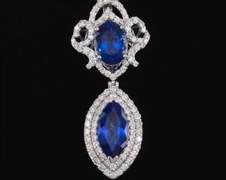 Platinum, 9.70 Carat Tanzanite and Diamond Pendant, on Chain 
