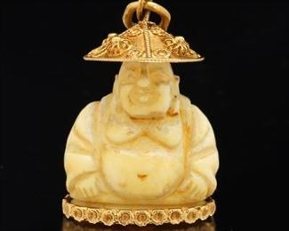 Retro Italian Gold and Carved Bone Laughing Buddha Charm Pendant 