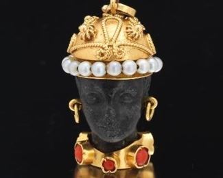 Retro Italian Gold, Seed Pearl and Coral Blackamoor Charm Pendant 