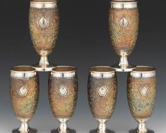 Six Sterling Silver Tall Goblets with Floral Design 