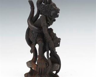 Southeast Asian Carved Wood Sculpture of Hanuman and Naga