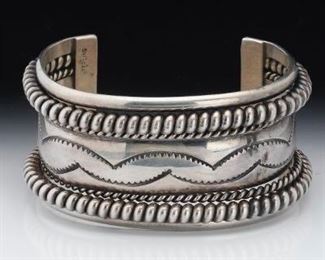 Stylish Sterling Silver Cuff Bracelet, Signed Tahe 