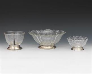 Three Glass Dishes with Sterling Bases