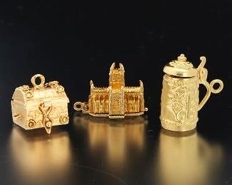 Three Vintage Gold Charms, Bear Stein, Chest and Cathedral 