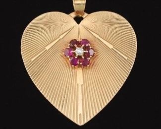 Tiffany Co. Retro Gold, Ruby and Diamond Large Radiant Heart Pendant 