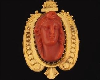 Victorian Gold and Cameo Carved Coral Pin Brooch 