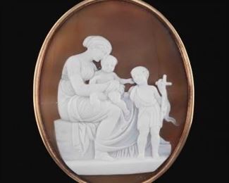 Victorian Gold and Carved Cameo of The Virgin, Baby Jesus And Saint John The Baptist
