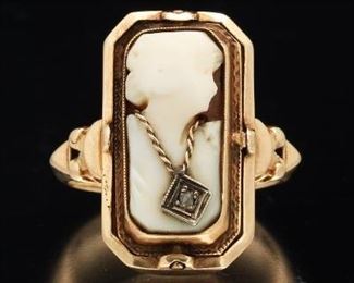Victorian Gold, Black Onyx, cameo and Diamond Flip Ring 