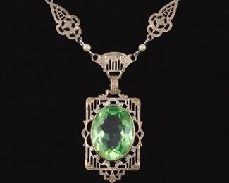 Victorian Gold, Seed Pearl and Uranium Glass Filigree Necklace 