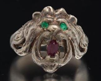 Victorian Sterling Silver, Ruby and Emerald Lion Head Ring 