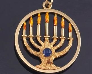 Vintage Gold and Sapphire Menorah Pendant 
