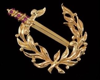 Vintage Gold and Ruby Sword with Laurel Wreath Pin Brooch