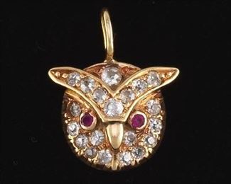 Vintage Gold, Diamond and Ruby Owl Pendant 