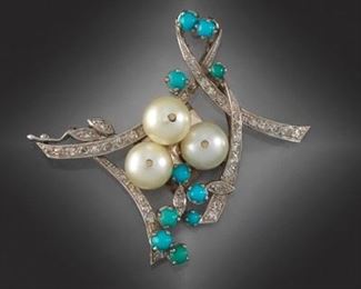 Vintage Gold, Diamond, Pearl and Turquoise Clasp 