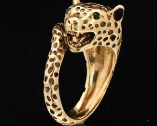 Vintage Gold, Emerald and Enamel Panther Ring 