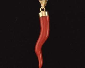 Vintage Italian Gold and Coral Cornicello Horn Charm Pendant on Chain 