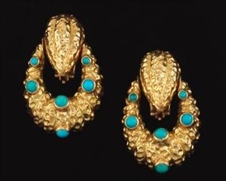 VOURAKIS Pair of Gold and Turquoise Large Door Knocker Ear Clips 