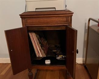 Vintage record cabinet (top opens for turntable and bottom is vinyl storage); Brother printer 