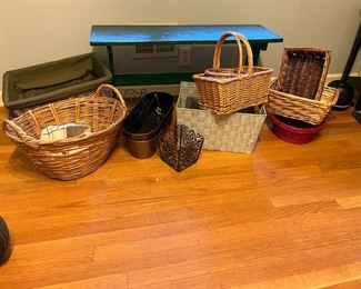 green bench and baskets