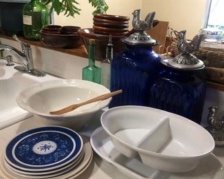 White serveware; blue flour/sugar canisters