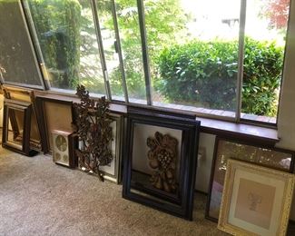 $5 for most. Prices are marked. Picture frames and wall hangings. Nice large frames with interesting detail. Some Hollywood Regency style items. Use as-is or repaint!