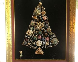 Vintage Christmas art made from old costume jewelry, on black velvet backing - this was very chichi posh in the 60s! 2 available.