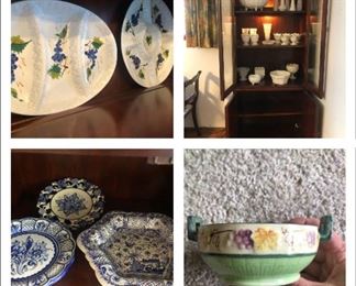 More glassware - some vintage; blue and white pieces. Vintage white hobnail / milk glass.