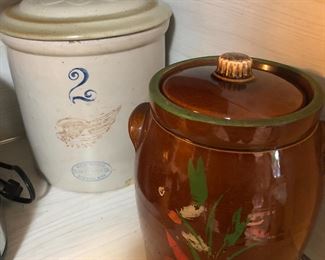 Vintage crocks. Red wing pickle crock $20; brown cookie jar (my grandmother's!) $10.