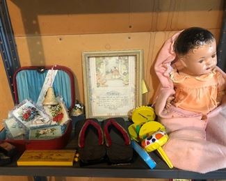 Postcards, Japanese shoes and Cribbage, bisque doll