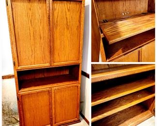 Solid Oak Wall Unit with adjustable shelves and slide out TV shelf $145 or bid #13