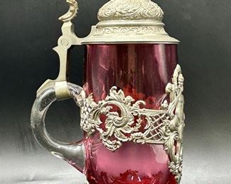 Antique German Cranberry Glass & Pewter Beer Stein-Dated 1895
