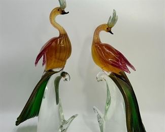 Pair of Murano Italian Art Glass Gold Flecked Birds of Paradise Sculptures