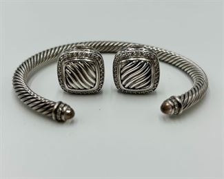 David Yurman Sterling Silver & Pave Diamonds Cable Classic Bracelet & Earring