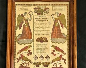 Framed American Folk Art 1837 Pennsylvania Birth Baptismal Certificate