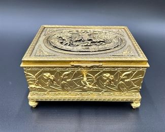 Antique French Footed Jewelry Box Silk Tufted