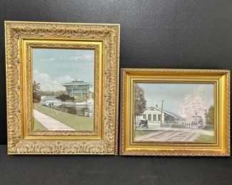 Pair of Oil on Canvas painting "Train Station & Swan Lake" by William K. Hurt