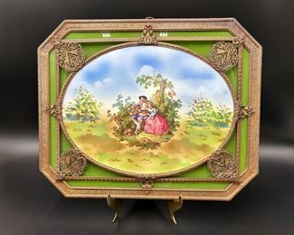 Sevres Style Porcelain Signed Victorian Plaque with Heavy Encrusted Frame