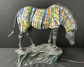 Large Signed Stained Glass Zebra Lamp on Bronze Base