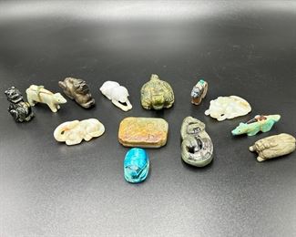 Lot of 13 Hand Carved Smooth Stone and Zuni Turquoise Figures