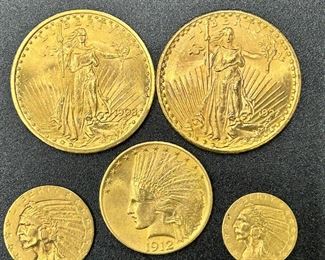Lot of 5 ST. Gaudens & Indian Head Gold Coins $20, $10, $5 & $2.50   A-1 auction