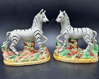 Pair of Antique Staffordshire Porcelain Zebra Figurines