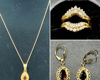 Estate Lot of 14K Yellow Gold Diamond Ring, Earrings, Chain & Pendant Set