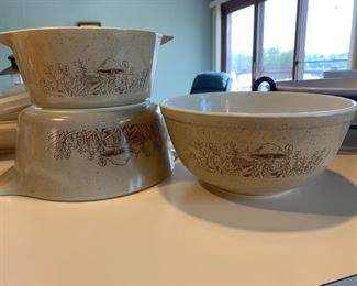 Pyrex Forest Facies Mushroom Bowl, 2 Casserole Dishes. No lids. 
