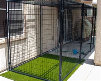 Lucky Dog dog run with top to keep coyotes out with tarp for shade from sun.