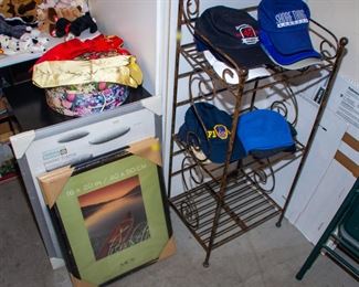 Picture frames, decorative shelf and hats